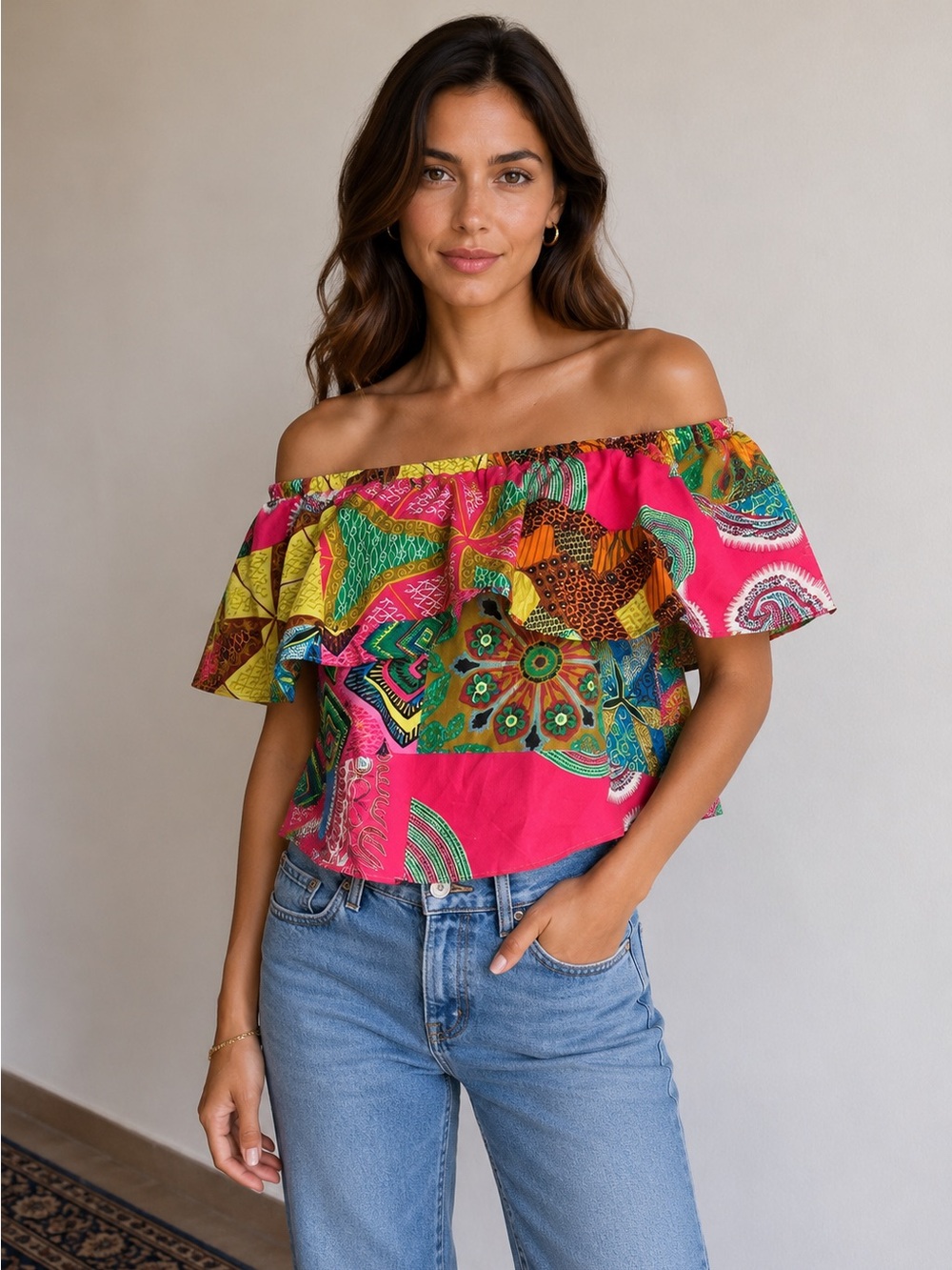 Off-Shoulder Floral Patchwork Crop Top in Fuchsia